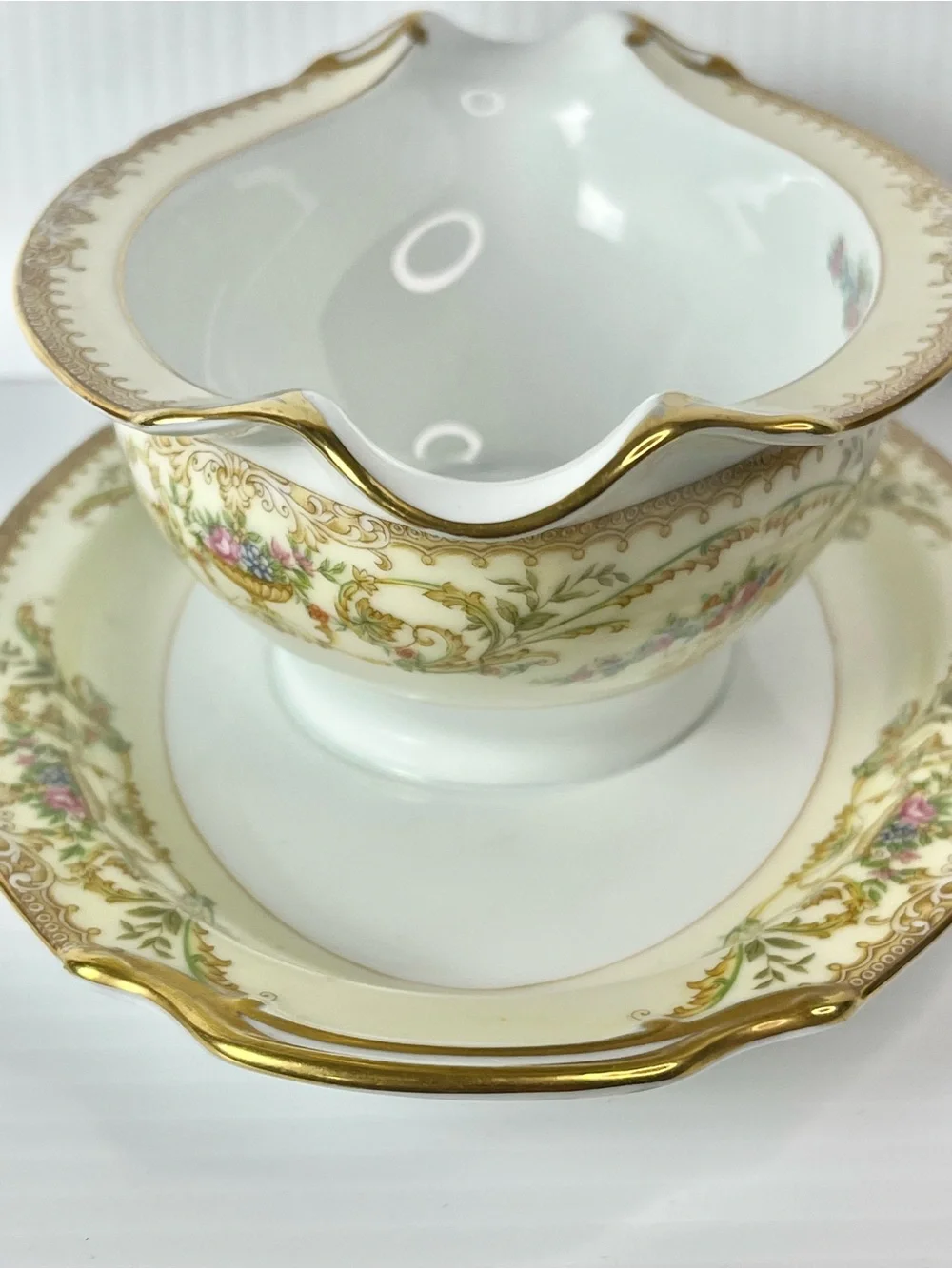 Noritake Nanette 683 Porcelain Floral Gold Gravy Boat & Underplate Set-AS IS